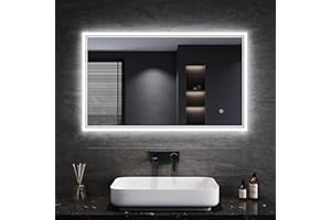 SONNI Espejo de Baño con Iluminación, 100 x 60 cm, Espejo de Baño Antivaho con Iluminación, Espejo Luminoso con Interruptor Táctil, Blanco Frío, 6400 K, Espejo de Pared, IP44 Interruptor de Pared