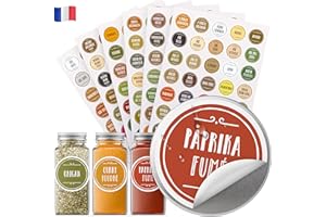 VINTA DÉCOR 210 étiquettes à épices en français avec code couleur QuickFind™ ; autocollants cuisine pour pots à épices ; rondes de 38 mm ; résistants à l'eau et à l'huile + étiquettes supplémentaires vierges