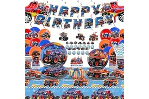 Obussgar Monster Trucks Geburtstag Party Dekorationen, Monster Trucks Party Zubehör einschließlich Banner, Teller, Tassen, Servietten, Tischdecke, Luftballons für Boy Birthday Party - für 20 Gäste
