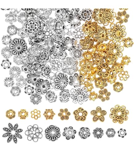 SUNNYCLUE Blumen Perlenkappen Set – 300 Stück, 10 Stile, Silber, Edelstahl, Für Schmuckherstellung
