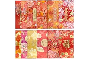 FAURAPMNG 12Pcs Enveloppes Rouges du Nouvel An Chinois, Grandes Enveloppes Hong Bao Porte-Bonheur pour Argent Liquide Enveloppes Rouges Packets Lai See pour le Nouvel An Lunaire, Festival du Printemps