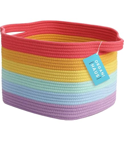 OrganiHaus Cesto portaoggetti in corda di cotone extra large con manici, 50 x 33 cm, decorazione colorata a forma di unicorno, cestino per giocattoli per bambini, cestino arcobaleno per asilo nido