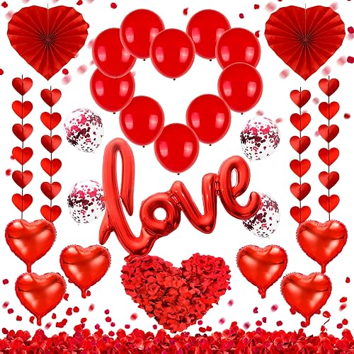 Valentines Day Party Decoration Kits, 36 Inch Love Foil Balloon, Red Heart Balloons, Heart Paper Fans, Red Heart Garland with 500 PCS Rose Petals Wedding Anniversary Valentines Balloons Decor
