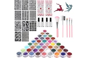 HAOYULUO Glitzer Tattoo Set Kinder,48 Farben Glitzertattoos Kinder Set,Glitzer Tattoo Set,195 TattooSchablonen,2 Strass-Aufkleber,geeignetfürKarneval, Kindertag,Geburtstagsfeiern