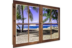 Feeby Cuadro Imagen XXL 3D Ventana Vista Impresión de Arte Playa Mar Multi 120x80 cm