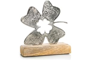 LOGBUCH-VERLAG Figura decorativa quadrifoglio in metallo e legno, 16,5 x 15 cm: scultura simbolica moderna come portafortuna per casa, regalo matrimonio e compleanno, soprammobile design soggiorno e ingresso