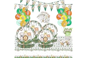 DAOUZL Vajilla de Selva, 104 Pcs Vajilla de Fiesta, Platos de Cumpleaños, Juego de Platos de cumpleaños, Jungle Animal Vajilla, Safari Jungle Boy con Platos,Vasos de Papel,servilletas,16 Invitados