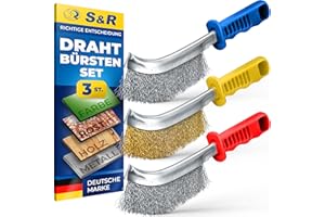 S&R 3-teiliges Hand-Drahtbürsten-Set: Edelstahl-, Messing- und Stahlbürsten für Metall, Holz, Rost, Entgraten und Schweißnaht-Reinigung – Ergonomische, schmale Handbürsten für Werkstatt & DIY-Projekte