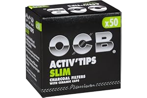 OCB ActivTips Slim Lot de 5 Paquets de 50 filtres à Charbon Actif avec Capuchons en céramique Argenté 7 mm