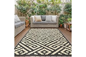 GENIMO Tapis Exterieur Resistant Pluie Terrasse, Reversible Résistant aux UV Tapis Extérieur, Couverture de Pique-Nique Portable pour Jardin, Balcon, Camping, Barbecue, 150x240cm, Noir & Blanc