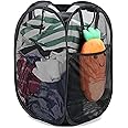 Reinforced Mesh Pop-Up Laundry Hamper, Foldable Dirty Clothes Storage Basket with Durable Handles and Side Pocket, Black