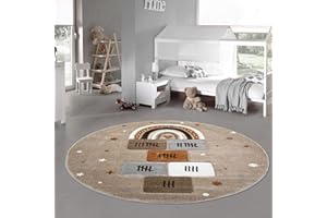 TEPPICH-TRAUM Tappeto per Bambini Gioco della Campana con Stelle Cuori Arcobaleno Beige Marrone Grigio - Molto Resistente Größe 120 cm Rund