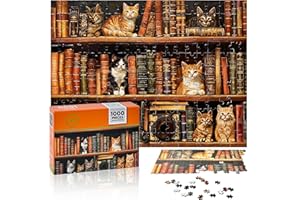 DONGTATA Puzzle 1000 Pezzi Formato Compatto Design Biblioteca dei Gatti Rompicapo Stimolante per Adulti Tema Libreria Decorazione Casa Ufficio Idea Regalo Relax