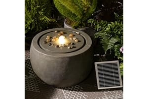 BUMILGAR Solar Springbrunnen für außen mit Akku, LED Licht & Sprudelstein – Inkl. Pumpe und Kieselsteinen – Betonoptik Grau, 45x45x29 cm (Garten, Terrasse，Balkon)