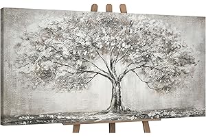 YS-Art Acryl Gemälde auf Leinwand handgemalt Lebensbaum Abstrakte Kunst Bilder Wohnzimmer Wandbilder modern mit grau Farben Grauen Farben 140x70 cm