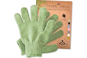 TEMPLE SPRING Exfoliating Gloves - Bamboo Shower Gloves - Bath and Body Exfoliator Mitts - Scrubs Away Ingrown Hair and Dead Skin - Natural Eco Microfibre Bath Gloves - Sage Green