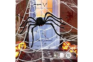 HOPOCO Halloween Spider Web Decor 4.9Ft (1.5M) Giant Spider with Red Eyes, Scary Plush Fake Spider and Huge White Spider Webs for Indoor Outdoor Halloween Decorations for Home Party Yard Haunted House