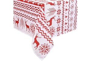 LinTimes Duże świąteczne obrusy, choinka i jeleń, czerwony obrus imprezowy, wodoodporny poliestrowy obrus na stół do kuchni, jadalni, dekoracji ślubnej, odporny na plamy, 132 x 229 cm, biały