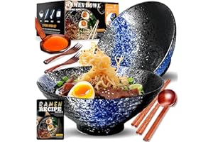 YTLEMON 8 Pollici 2 Set Ciotola Ramen In Ceramica(9 pezzi), Ciotola Di Pasta Giapponesi Con Ricette Forchetta Bacchette E Cucchiaio Per Spaghetti Zuppa Di Insalata Snack Bowl Regali Per Uomini Donne Di Casa