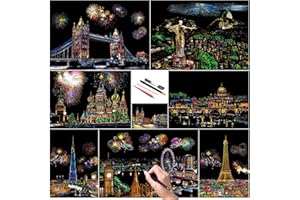 SiYear Scratch Paper Rainbow Painting Sketch, City Series Night Scene, Scratch Painting kreatywny prezent, Scratchboard dla dorosłych i dzieci z 4 narzędziami