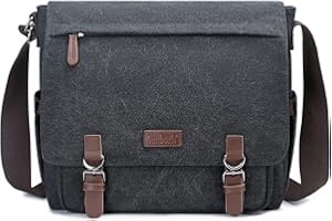 SUNBORLS Classic Messenger Bags for Men Vintage Canvas Genuine Leather Ornamental Shoulder Bag Daily Commuting, Travelling, College Bag Flip Lid Design + Large Opening for Easy Access to Items at All Times