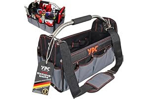 YPC Carrier Werkzeugkorb XL – Tragbare Werkzeugtasche mit stabilem Boden, Wasserfest, Reißfest, Faltbar, Schultergurt mit Polster & Metall-Handgriff, Grau-Schwarz, 40,5x30x19,5cm – 20 kg Tragkraft