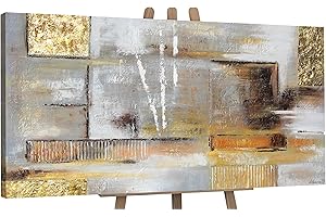 YS-Art Abstrakt Acryl Gemälde auf Leinwand goldene Abstraktion handgemalt Wandbilder Wohnzimmer modern Jugendstil Wohndekor Bilder Büro echte Kunst 140x70 cm