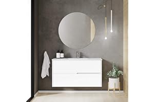 Baikal Mueble de baño Gavin, 2 cajones, suspendido en Pared. Incluye Lavabo cerámico. Varios Acabados. Se Entrega Montado. con Espejo 100 cm Blanco