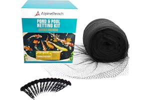 AlpineReach 8,5m x 9m Filet pour Bassin à Koï Noir, Couverture en Filet à Mailles Fines - Protège Les Poissons Koï des Oiseaux, des Chats, des Prédateurs, UV - Réutilisable, Piquets Inclus