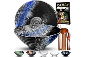 YTLEMON 8 Pulgadas Juego De 2 Tazones De Cerámica Para Ramen De(9 Piezas) - Tazones Grandes De Porcelana Para Ensaladas Fideos Cereales Con Recetas Palillos Tenedores Y Cucharas Para Apto Para Lavavajillas