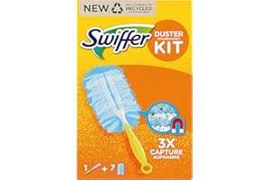 Swiffer Dust Magnet kit with 1 Handle and 7 Refill Cloths, absorbs dust and Closes it