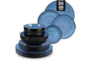 vancasso Bubble Blue Dinner Set, 24 Pieces Dinner Sets for 6 People, Reactive Glaze Plates and Bowls Set in Vintage Look, Include Dinner Plates, Dessert Plates, Pasta Bowls and Soup Bowl