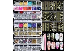 Teenitor Nail Rhinestones Nail Art Tools with 15 Sheets Gold Nail Art Stickers, 6 Boxes of Nail Charms Nail Gems Nail Pearls Nail Jewels