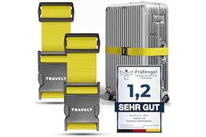 Travely® Pas do walizki premium - wyjątkowo rzucający się w oczy i bezpieczny - w zestawie 2 tabliczki z imieniem - pasek do walizki idealny nad krzyżem - [zestaw 2 szt.] - żółty