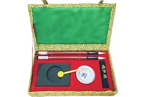HorBous 7 PCS calligraphie chinoise Inkstone + bol à eau + bâton d'encre + 2 stylos à brosse + encrier + boîte à cadeaux Set pour Enfant Enfant Débutant