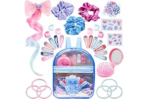 Get Trend Disney Stitch Coffret Accessoires Cheveux Fille avec Sac à Dos Transparent, Barrettes, Stickers, Brosse Pliable, Chouchous, Cadeau Enfant ( Bleu Stitch)