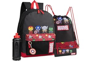 Marvel Set 5 Piezas Mochila, Bolsa, Estuche, Botella y Llavero para Niños (Negro/Rojo Avengers)