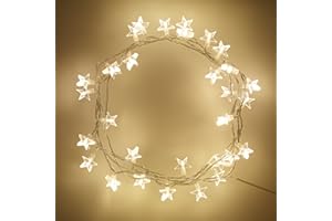 Lights4fun Guirlande Lumineuse 30 Étoiles LED Blanc Chaud sur Câble Transparent