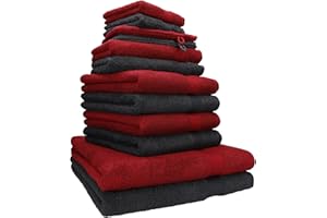 Betz Lot de 12 Serviettes Premium 2 draps de Bain 4 Serviettes de Toilette 2 Serviettes d'invité 2 lavettes 2 Gants de Toilette 100% Coton Couleur Rouge Rubis et Graphite