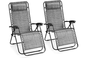 VonHaus Zero Gravity Chairs Set of 2 - Grey Reclining Sun Loungers for Garden - Textilene Folding Sunloungers with Detachable Head Pillow - Fold Away 2 Set Deck Chairs for Outdoor, Patio & Decking