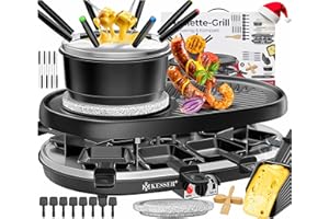 KESSER® Griglia per Raclette 3in1 con pietra naturale per grigliare, piastra per grigliare e fonduta, griglia da tavolo per 8 persone, griglia elettrica da raclette piastra antiaderente
