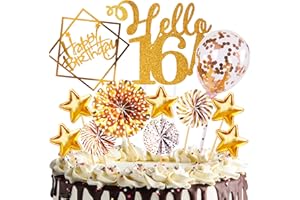 HCSSZ Tortendeko Geburtstag, Happy Birthday 16 Jahre Kuchendeko Junge mädchen, 16. Cake Topper, Cupcake Topper mit Sternen Konfetti-Luftballons und Papierfächer für 16 Geburtstag