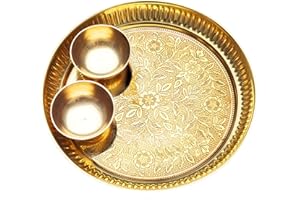 ‎ADITRI CREATION Aditri Creation Decorative Brass Plate, Decorative Indian Prasad Plate with Katori Patra for Pooja Pooja Utensils Pooja Item Articles New Year (Size 7" Diameter) Patra (Set of 2 Katori)