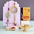Rakhi Gift Combo for Brother, Brass Crystal Diya Oil Lamp with 4 Rakhi Gift Set - Rakhi for Bhaiya Bhabhi - Raksha Bandhan Card/Lumba Rakhi/Krishna Rakhi/Om Rudraksh Rakhi