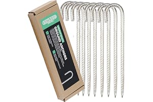 Satargo Galvanized Steel Heavy Duty Tent Pegs for Hard Ground - 12" Metal Rebar Pegs for Tent Trampoline Gazebo - 10mm Thick Metal J Ground Stakes Anchors Pegs with Silicone End Caps (8)