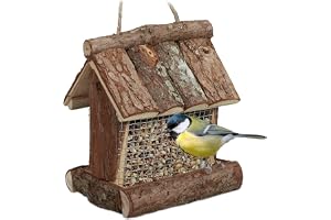 Relaxdays Fågelfoderhus i trä, för upphängning, HBT: 17 x 15 x 12 cm, med silo, fågelmatare för små fåglar, natur