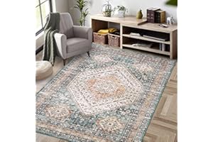 LuxFocus Dywan postarzany z wzorem medalionu, dywaniki do salonu, kuchni, antypoślizgowy, zmywalny, dywan z niskim runem, vintage, miękki dywan, zielony, 80 x 150 cm