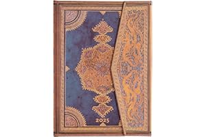 PAPERBLANKS Safavid Indigo (Safavid Binding Art) Midi 12-month Horizontal Hardback Dayplanner 2025 (Wrap Closure): tydzień na dwóch stronach, zamykany na magnes, papier 100 gsm