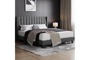 Yaheetech Letto Imbottito 160 x 200 cm Matrimoniale Testiera a Strisce con Rete a Doghe in Legno e Metallo Struttura Letto a Piattaforma Antirumore Montaggio Facile e Veloce Grigio Scuro