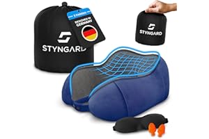 ‎STYNGARD STYNGARD Nackenkissen Reise aus Memory Foam - Nackenkissen Auto mit Schlafmaske und Ohrstöpsel für erholsames Reisen - Nackenkissen Flugzeug Modell Malmö (Blau, Knopfverschluss)